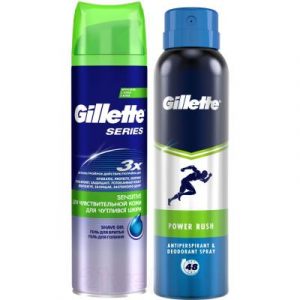 Набор косметики для лица и тела Gillette Гель д/бритья Sensitive 200мл+спрей для тела PowerRush